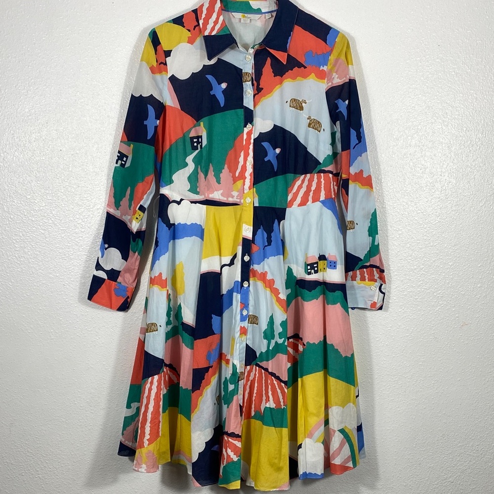 Boden Multicolor Abstract Long Sleeve Dress Size 8P 100% Cotton - Picture 3 of 16
